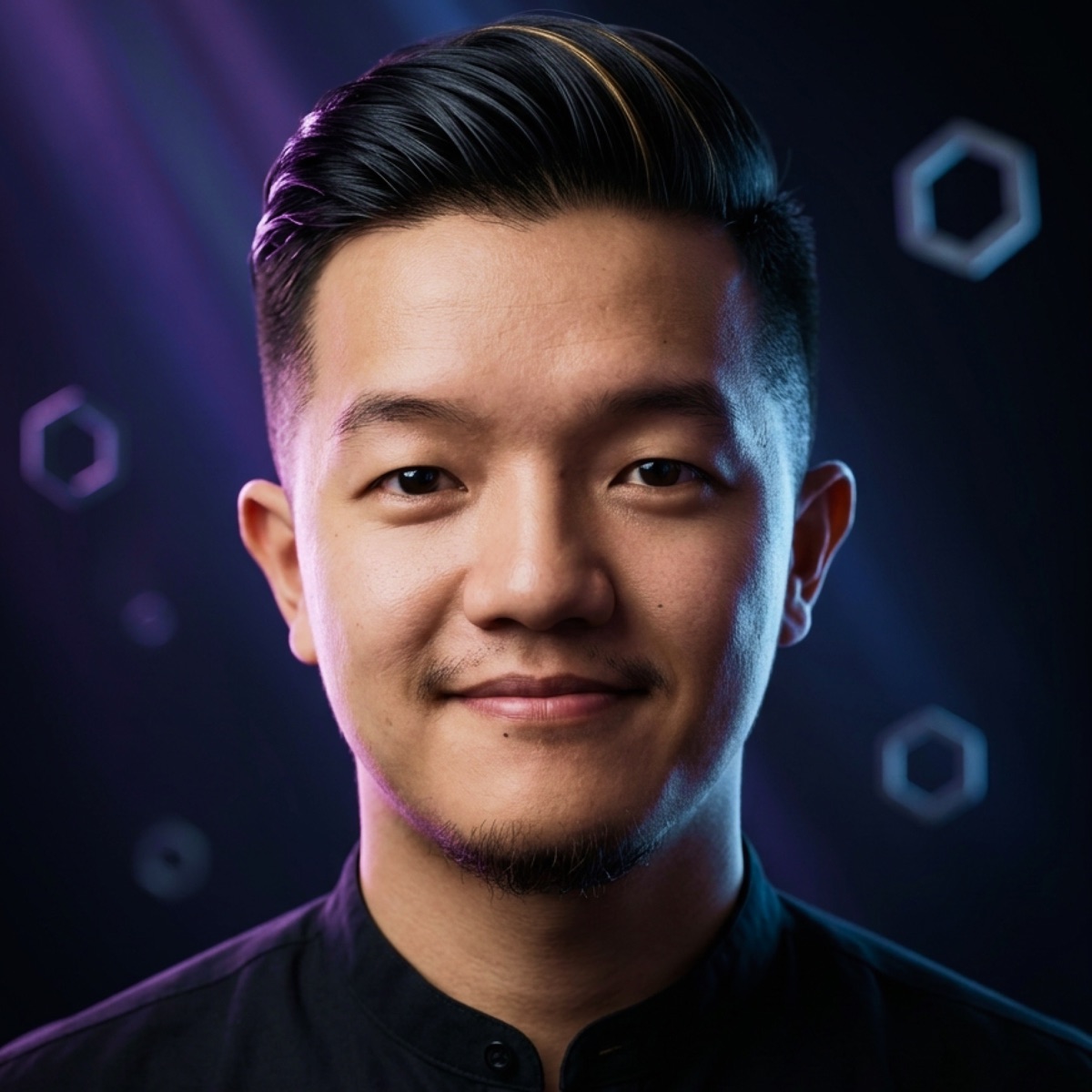 Franz, smiling, in a dark shirt against a dark background