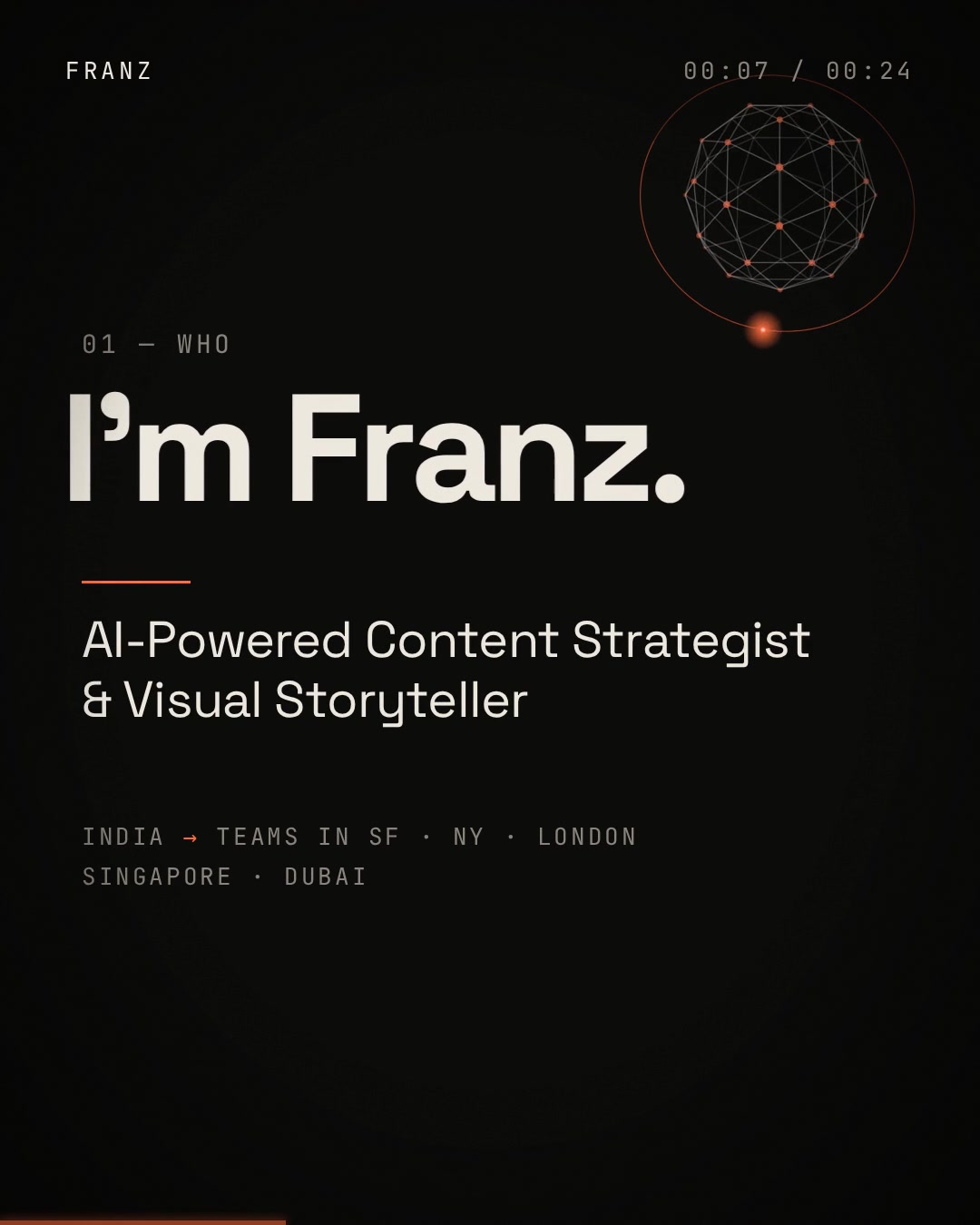 Title card from the intro video: “I’m Franz.” AI-Powered Content Strategist & Visual Storyteller, based in India, working with teams in SF, NY, London, Singapore and Dubai.
